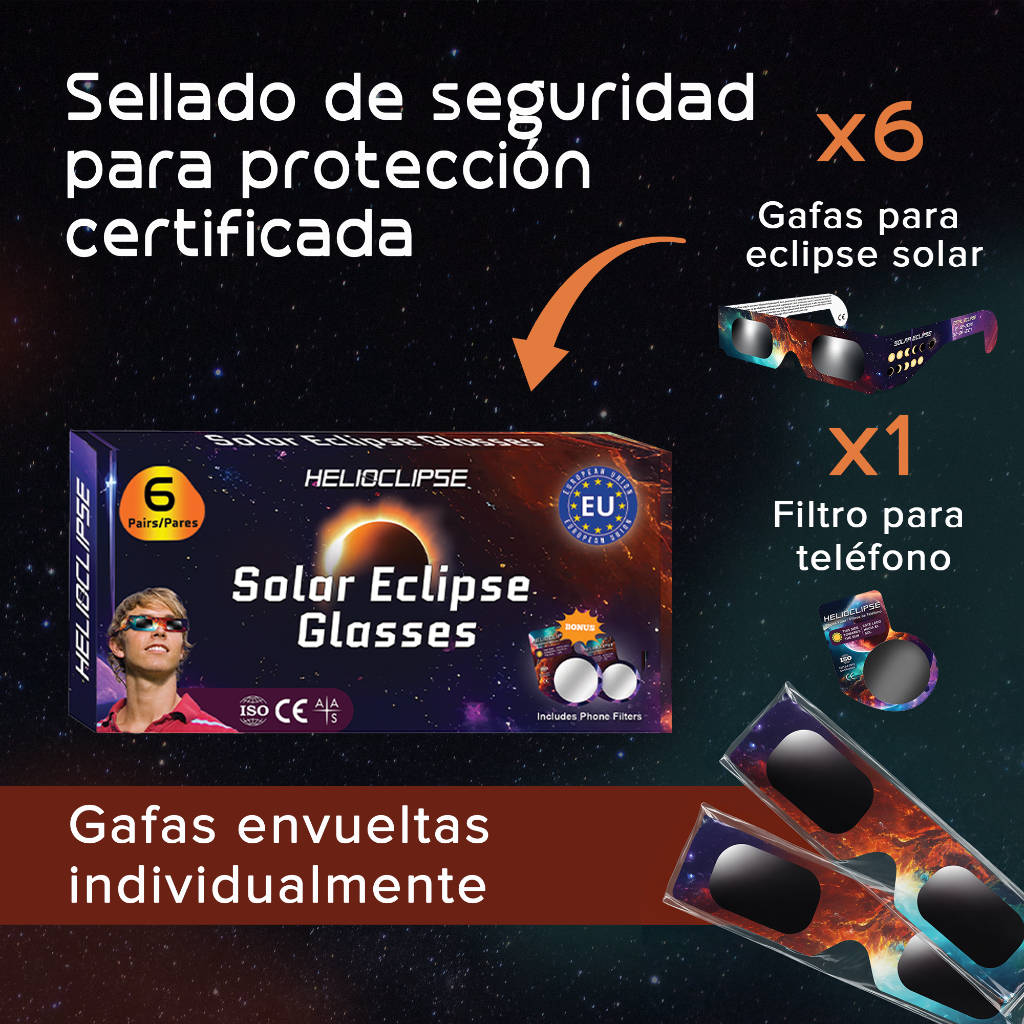 Visores solares certificados ISO 12312-2 Helioclipse — pack de 6, precintados, con filtro para la cámara del móvil para fotografiar con seguridad.