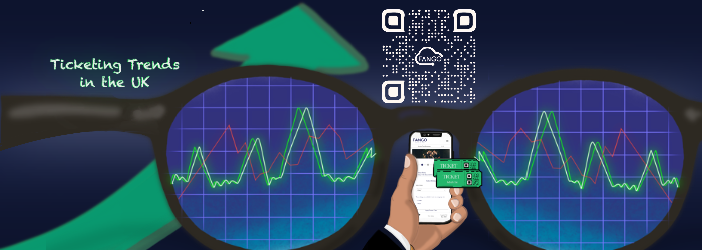 Illustration of ticketing trends seen through glasses showing data analytics, QR codes, and mobile booking for seamless event management 