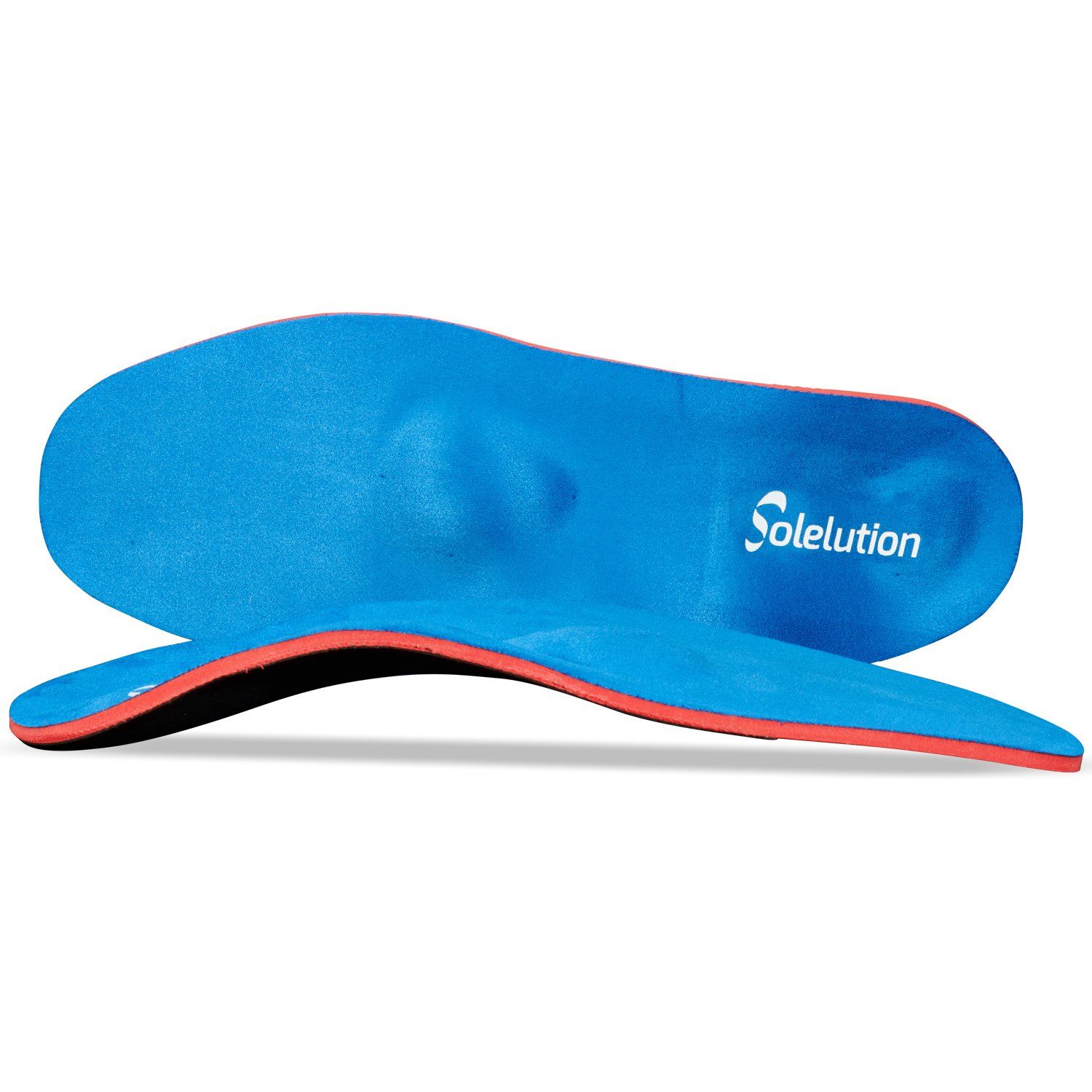 one insole from the side on the ground the other insole on its side from above of the solelution arch collapsed foot insoles