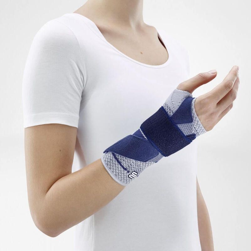 bauerfeind manutrain wrist support worn on right wrist by person