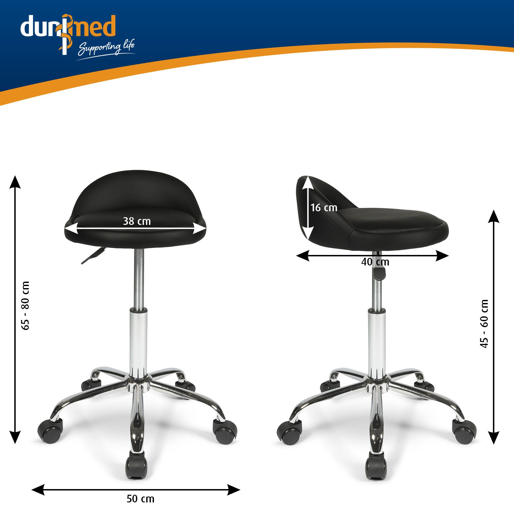 Dunimed Work Stool with Wheels and Backrest size chart