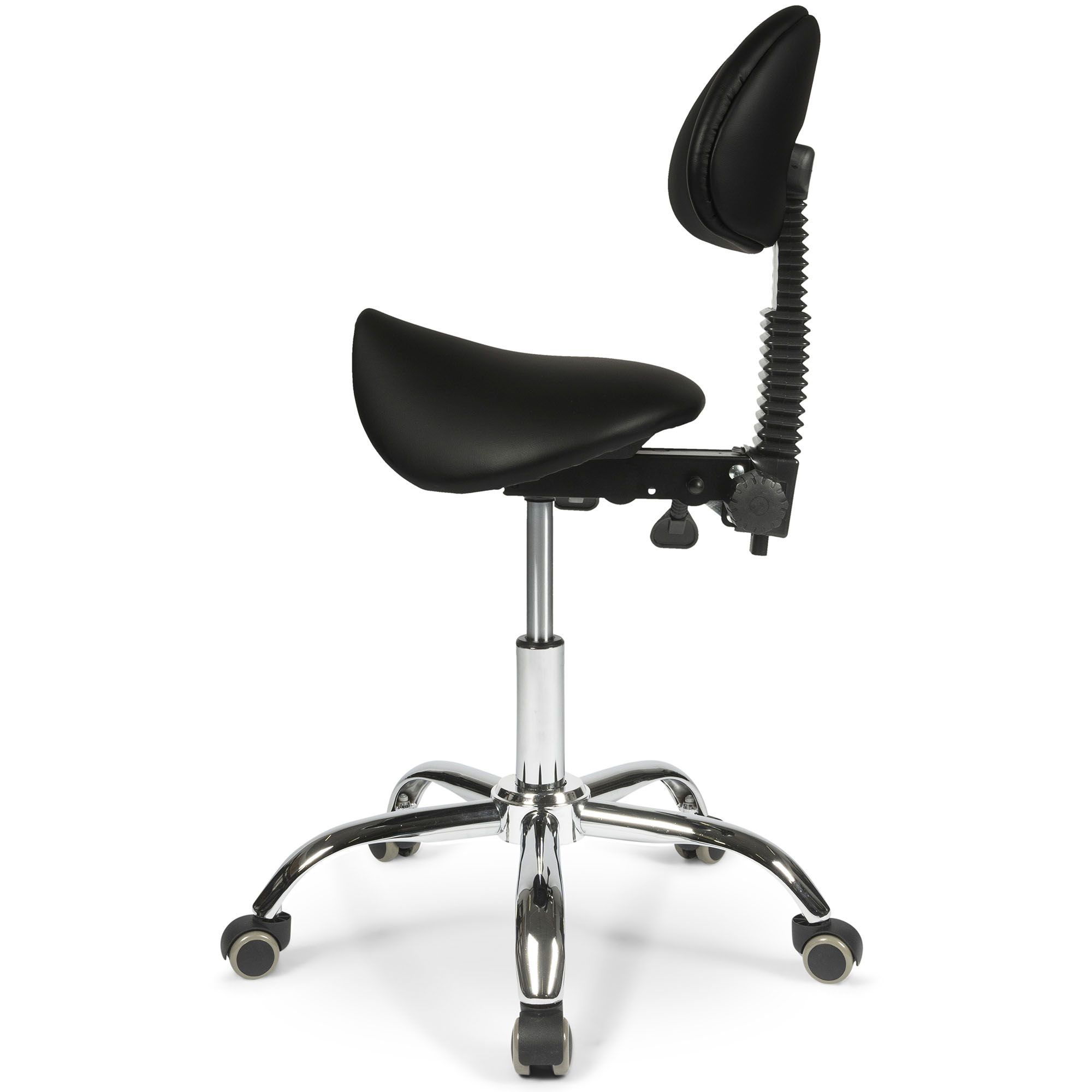 Side view of the Dunimed ergonomic saddle stool with backrest in black