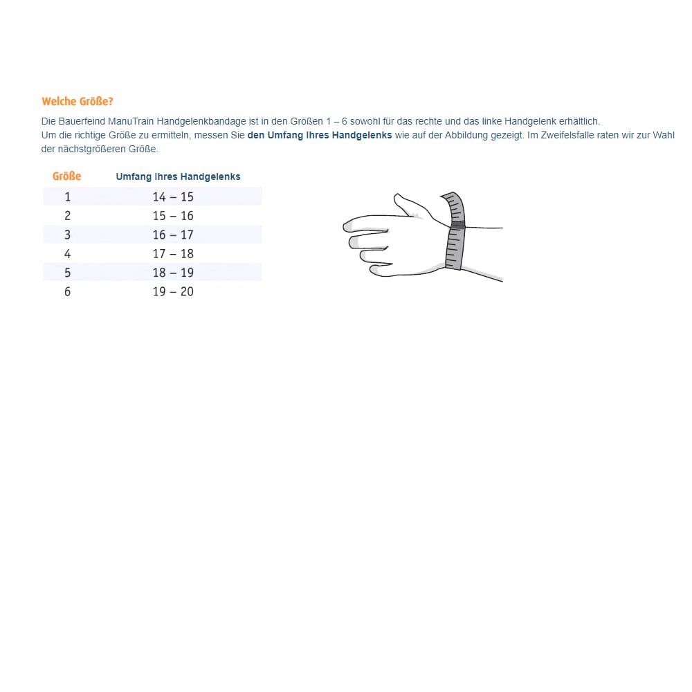 Größentabelle Bauerfeind ManuTrain Handgelenkbandage