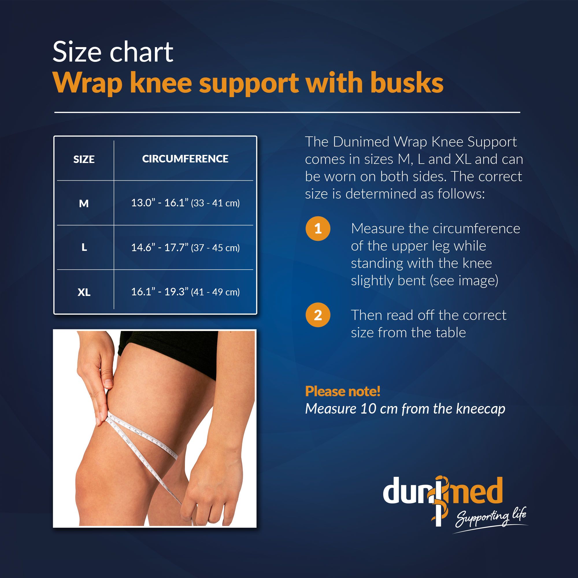 Size chart Dunimed Wrap Knee Support with Busks