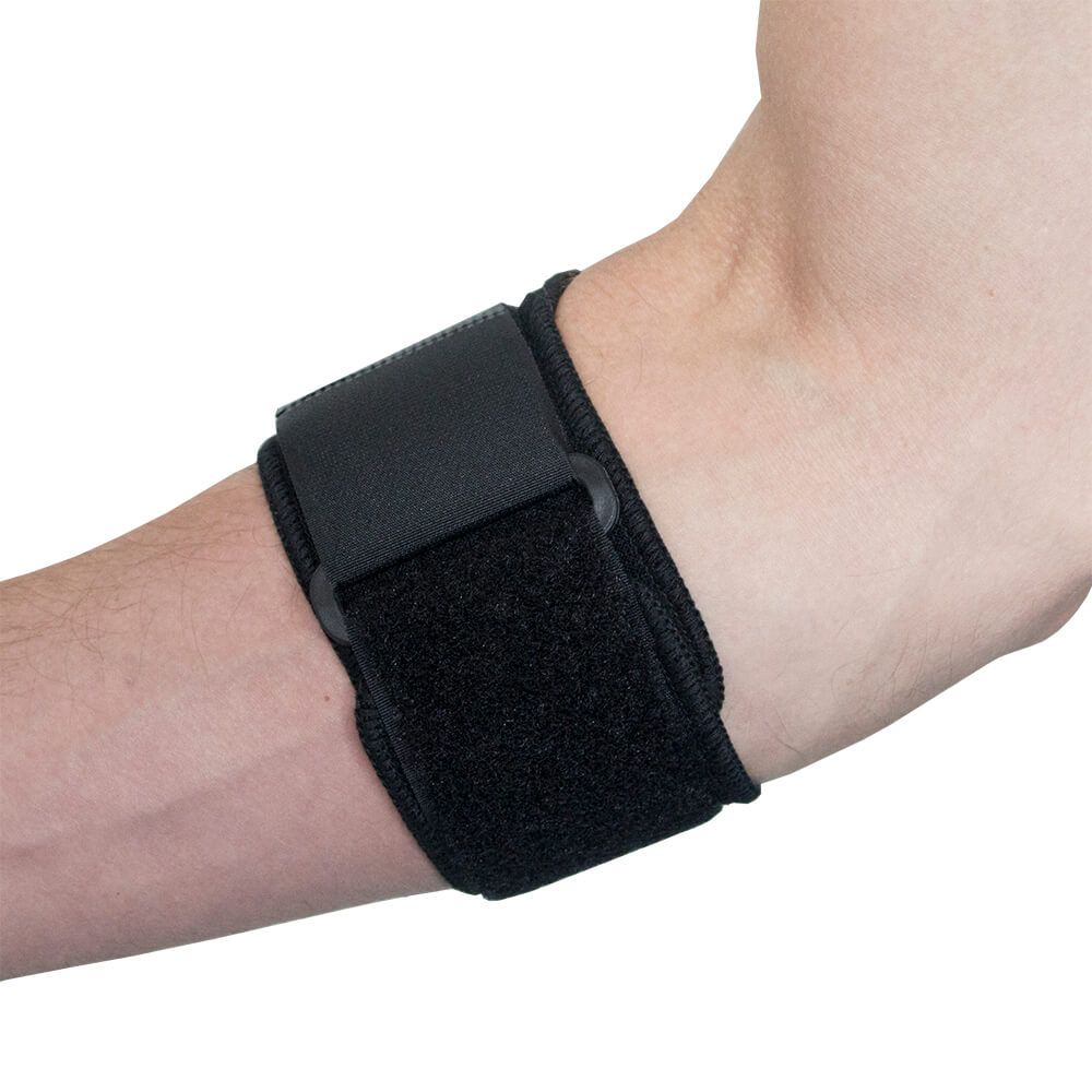 Side view of model wearing the Medidu Tennis Elbow Strap on right arm