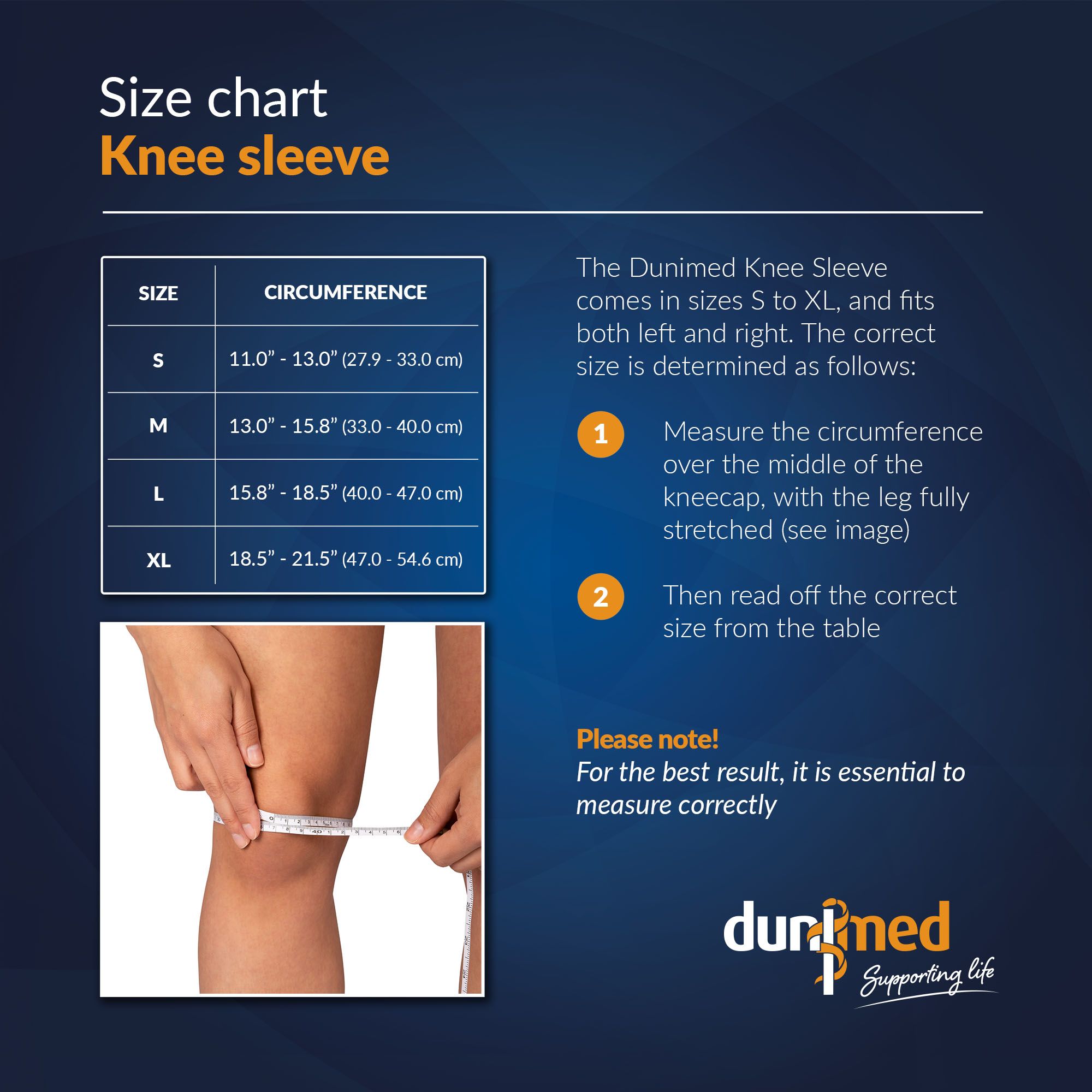 Size chart Dunimed Knee Sleeve