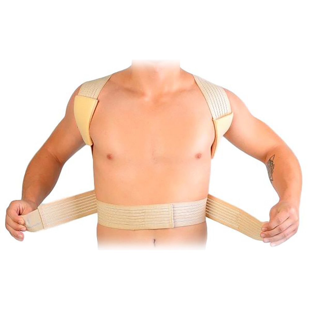 Model strapping the Velcro torso straps of the Novamed Ventilating Back Straightener / Posture Corrector