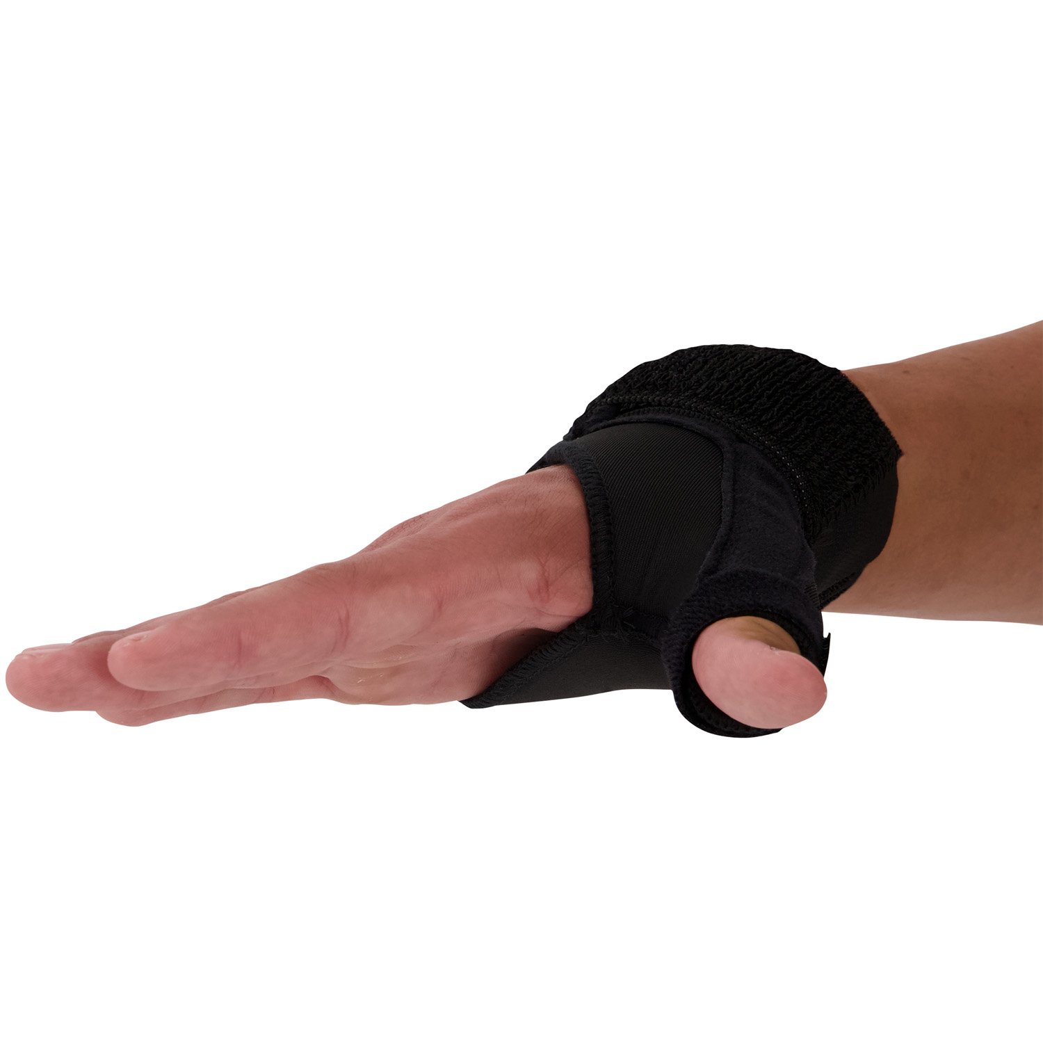 Medidu Thumb / Wrist Support in Black worn around an outstretched hand