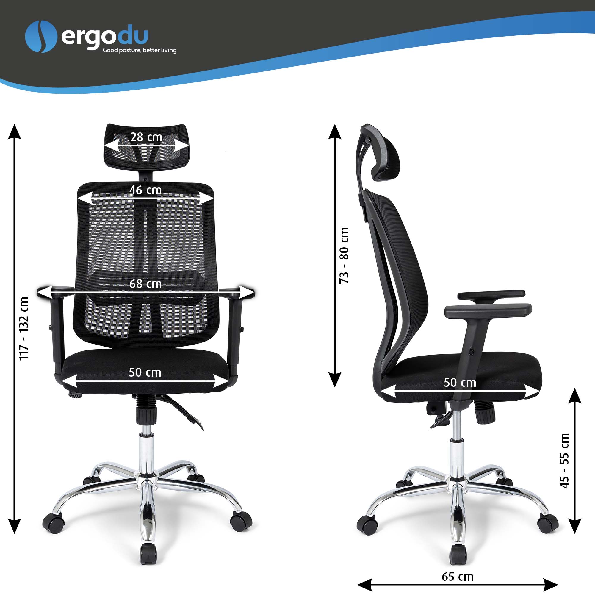 Ergodu Office Chair with Adjustable Armrests size chart