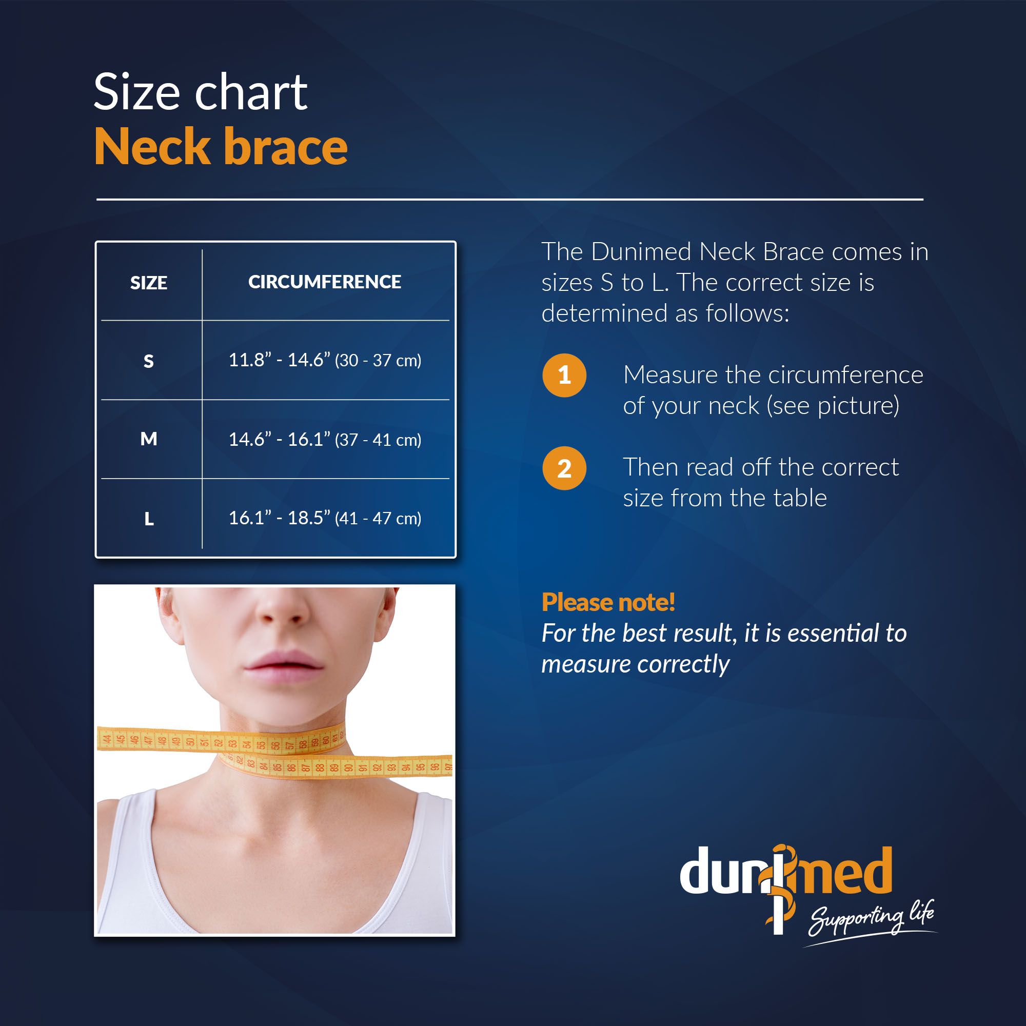 Size chart Dunimed neck brace