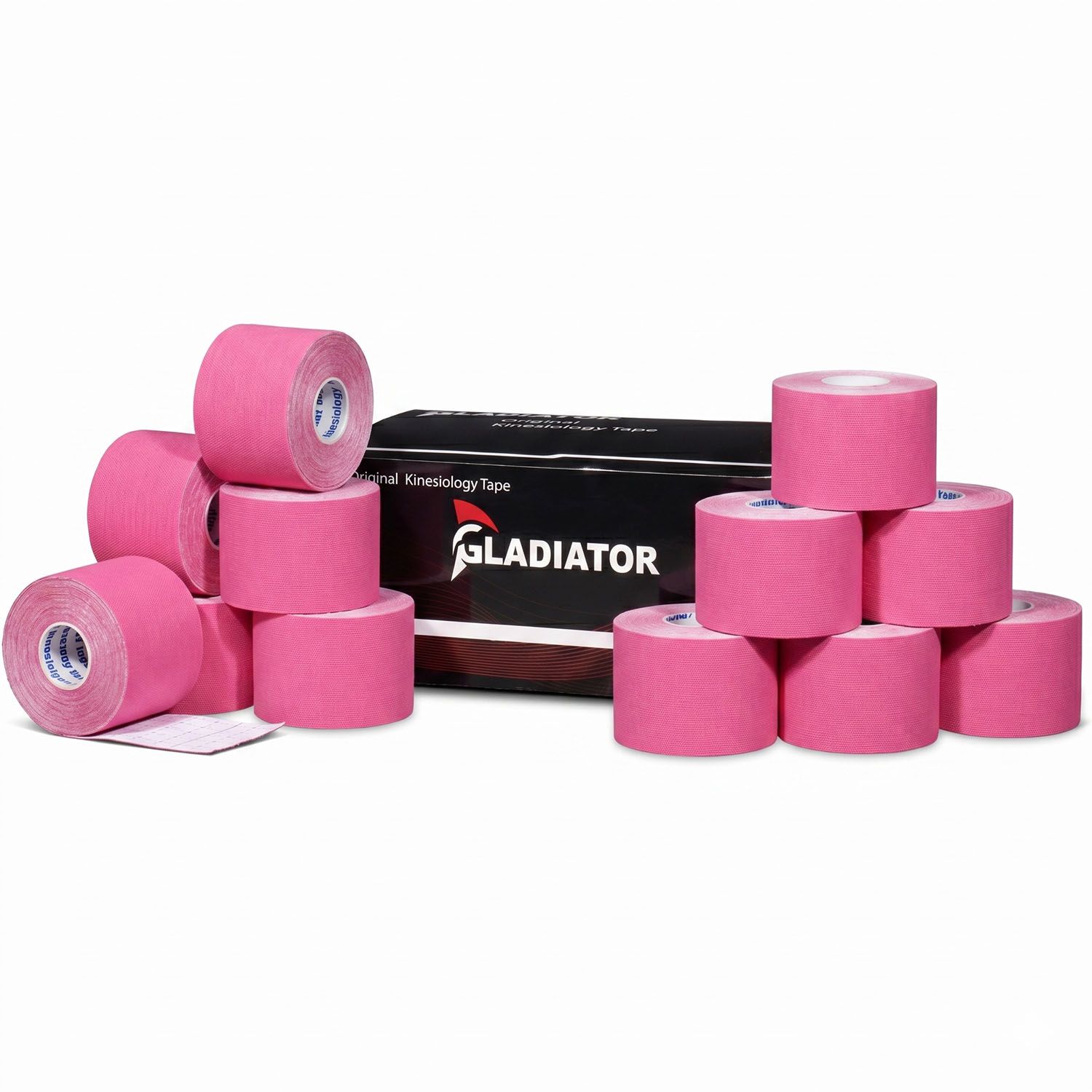 Box of the Gladiator sports kinesiology tape with twelve rolls in several colors