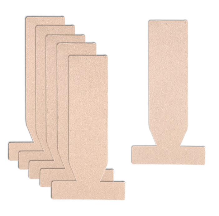 all pieces in the package pictured in a row of the solelution hallux valgus t shape tape