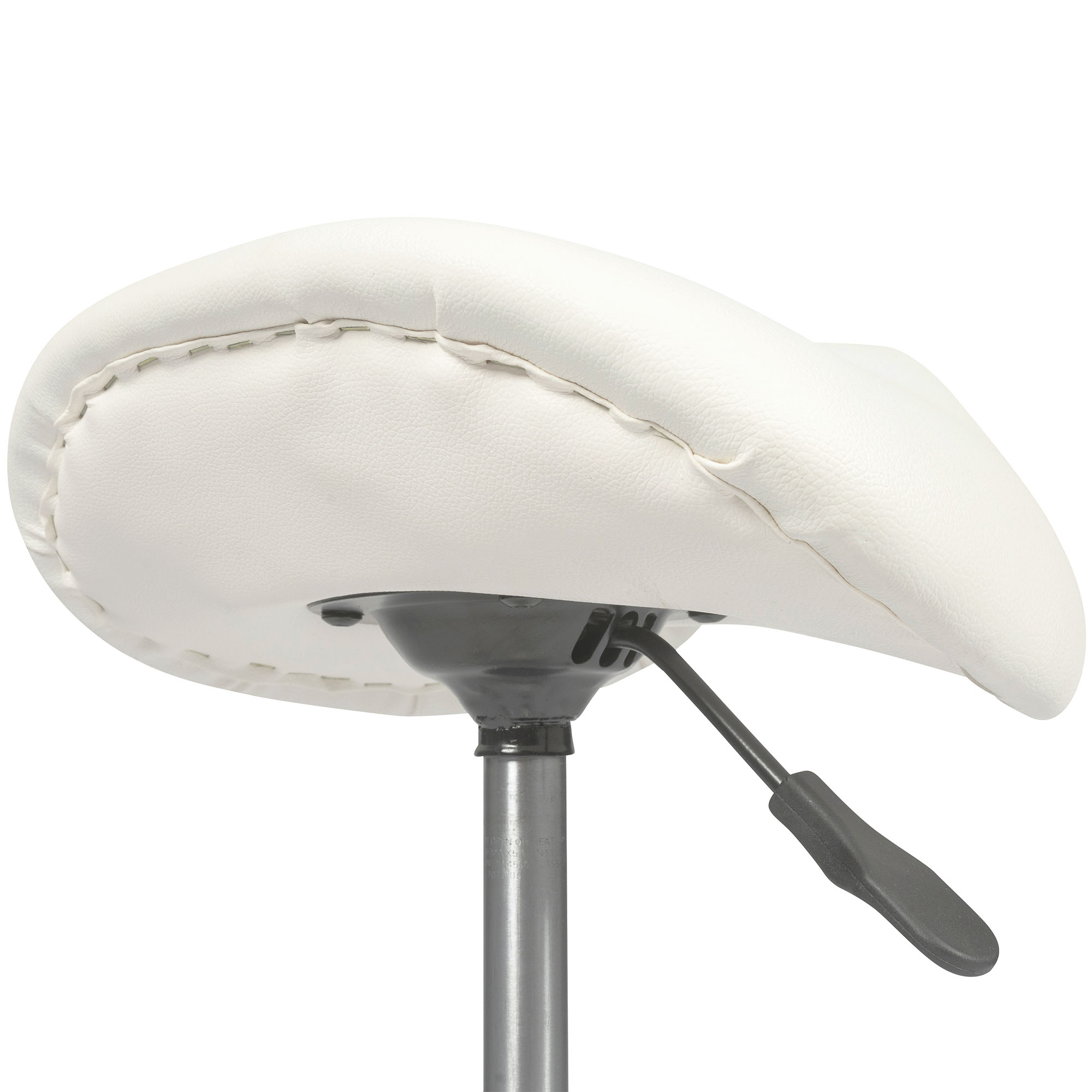 Close-up photo of the backside of the seat of the Dunimed - Ergonomic Saddle Stool - White