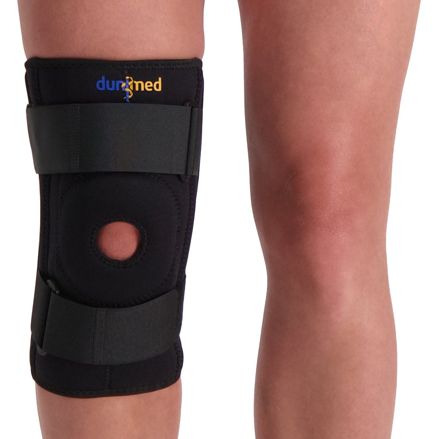 Front side view of the Dunimed Knee Support with Busks worn around the right knee