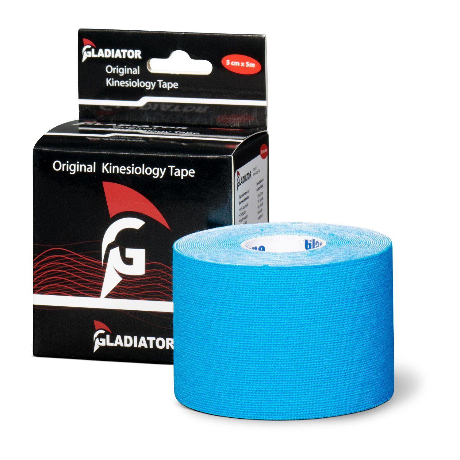 Gladiator Sports Heuschnupfen Kinesiotape blau Rolle mit Verpackung im Hintergrund