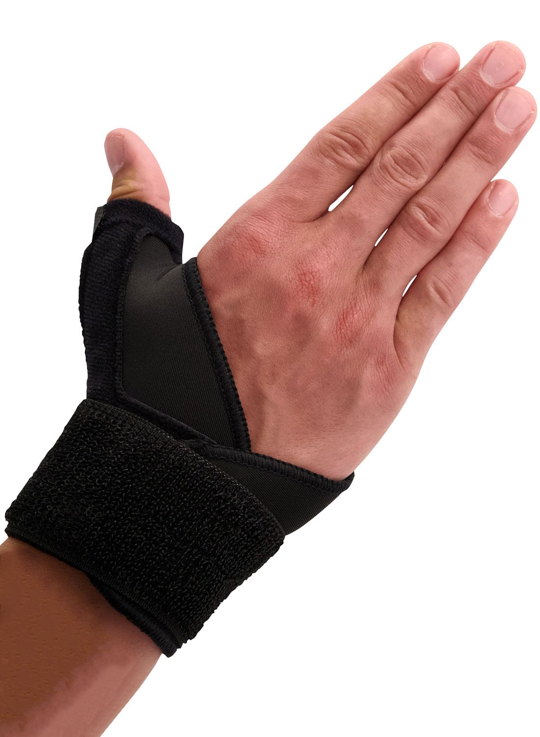 Model wearing the Medidu Thumb / Wrist Support in Black around the right wrist