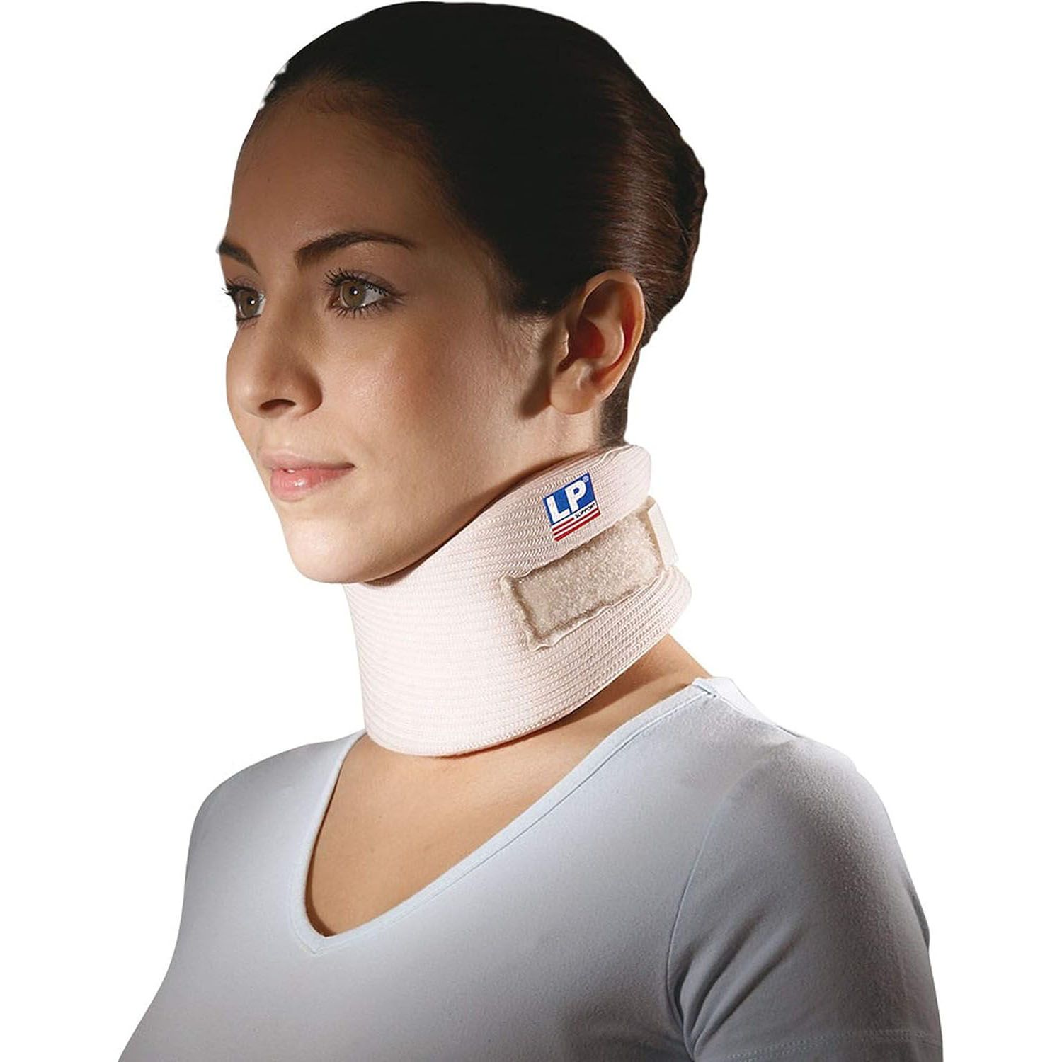 Left side view of model wearing the LP Support Neck Brace