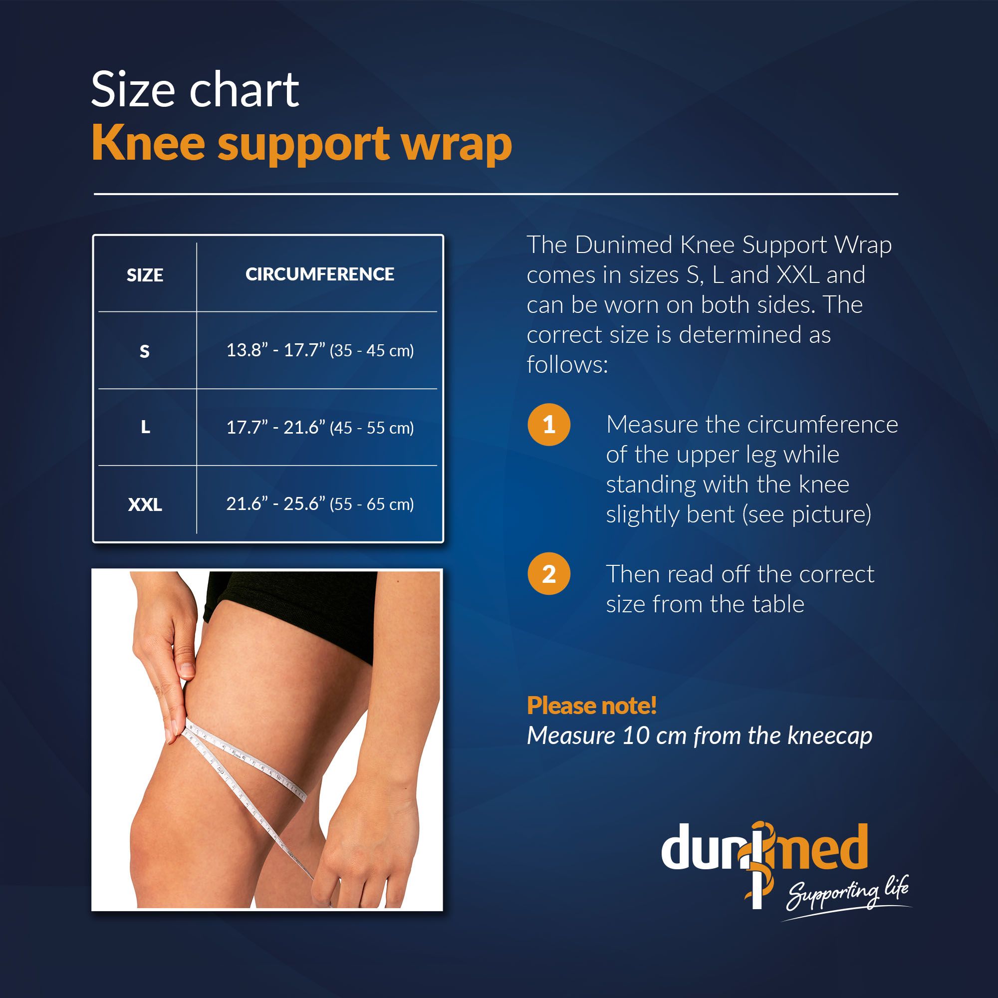 Size chart Dunimed Knee Support Wrap
