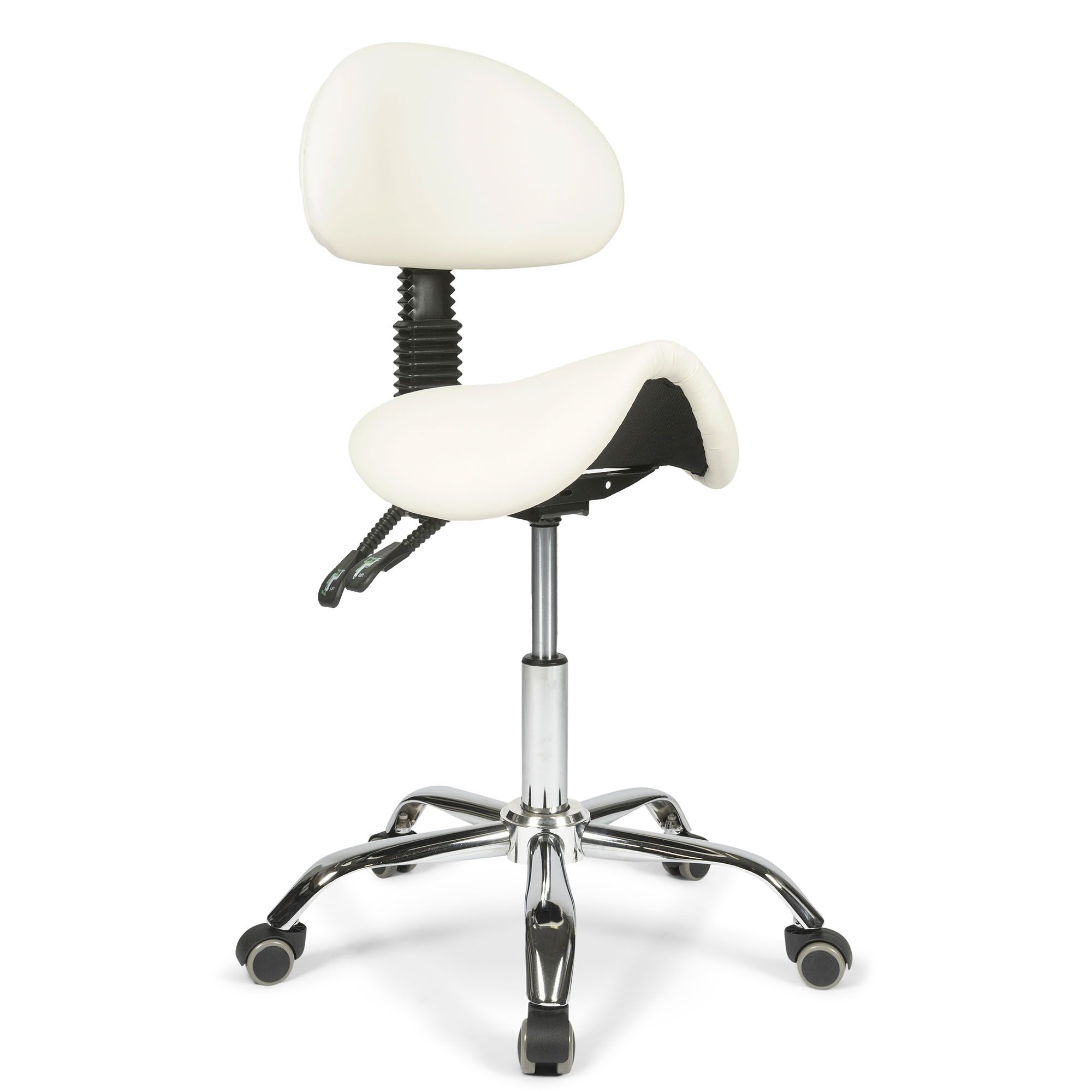 side view of the white saddle stool with backrest