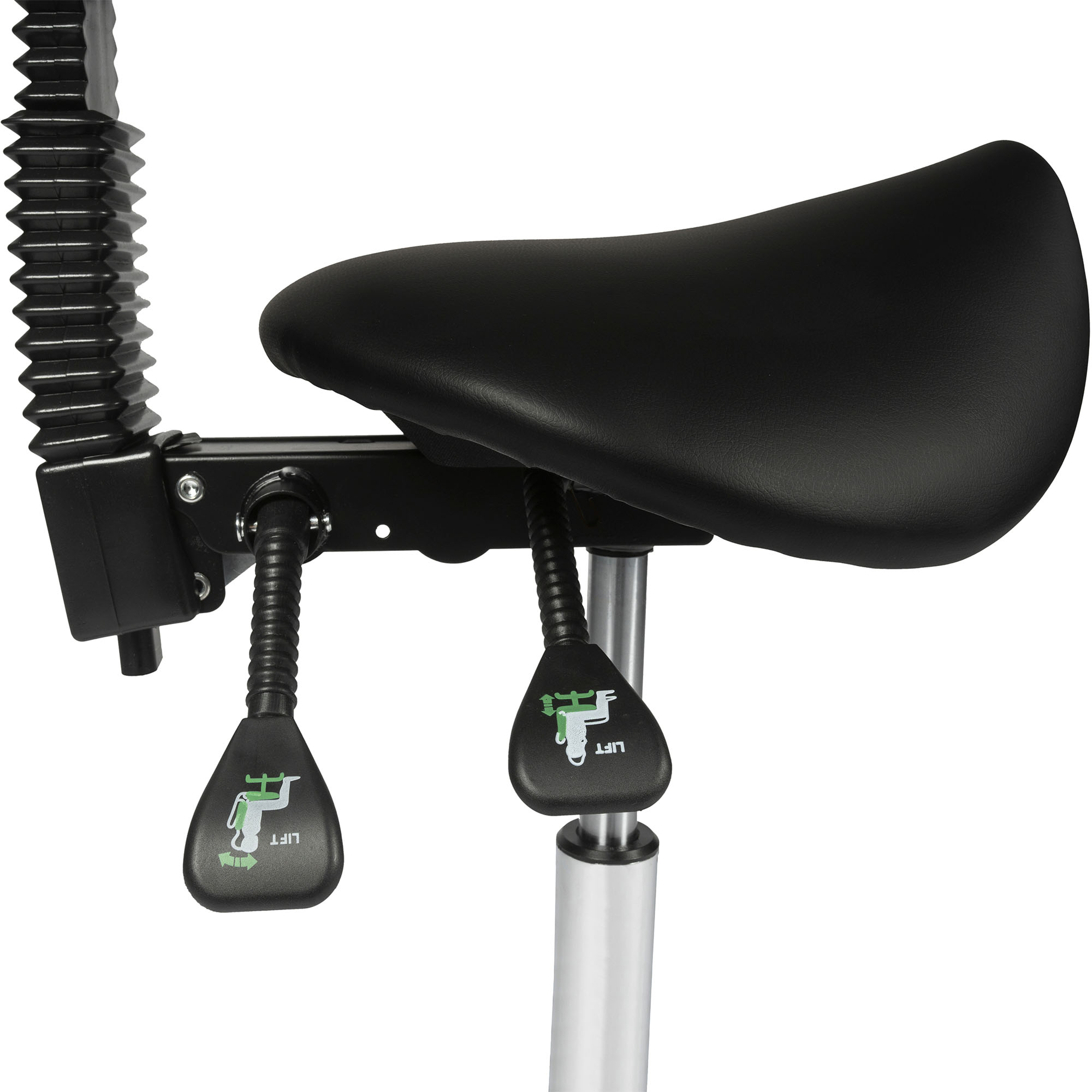 Side view close-up of the handles and sadle of the Dunimed ergonomic saddle stool with backrest in black 