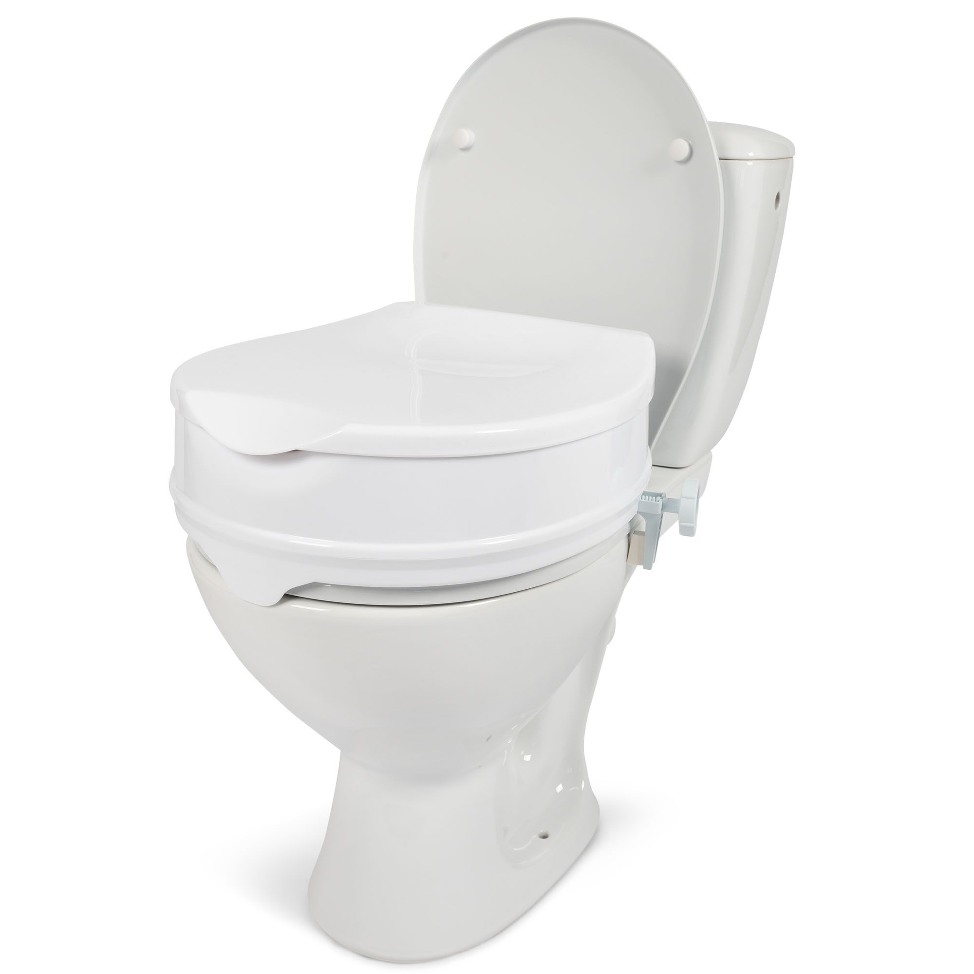 Side view of the Dunimed Raised Toilet Seat with the lid closed