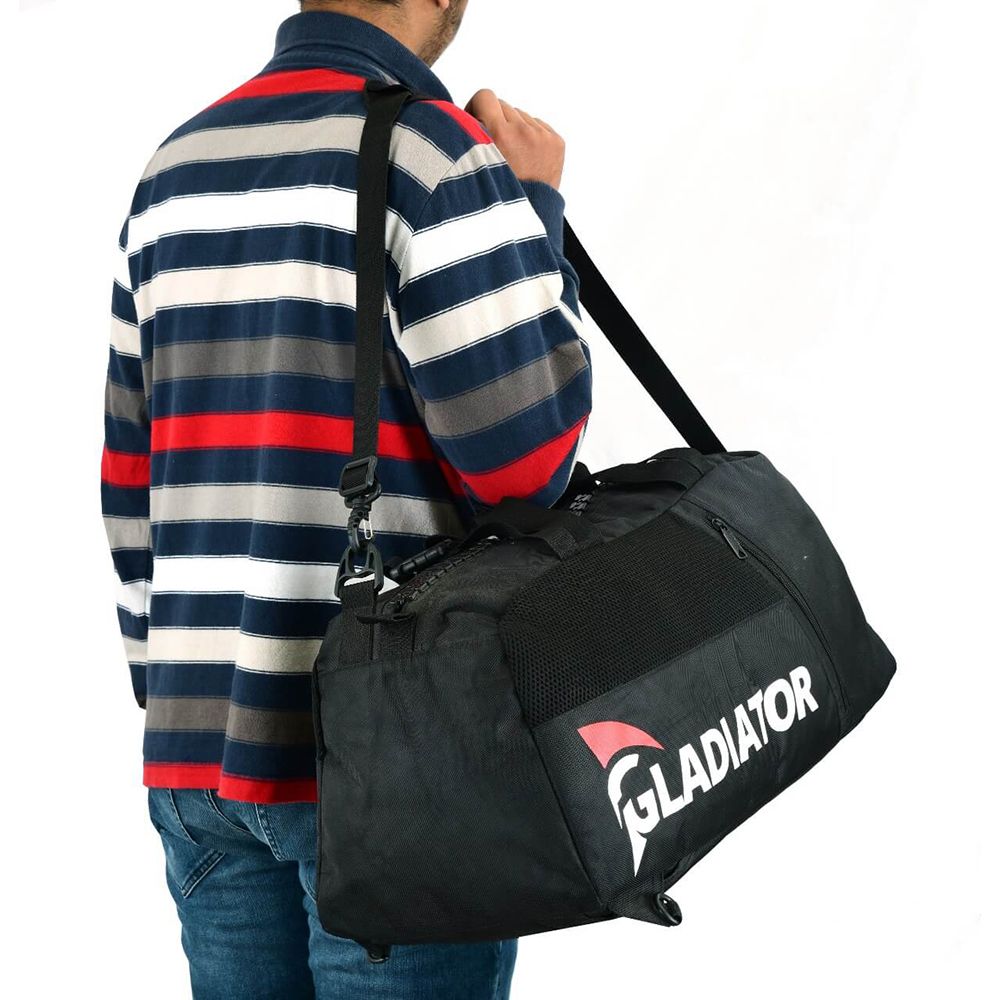 gladiator sports gym bag worn over one shoulder by male model