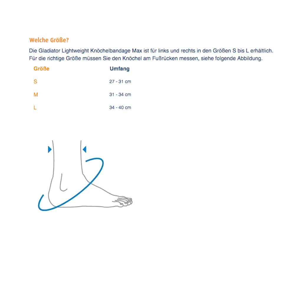 Größentabelle Gladiator Sports Leichte Knöchelbandage