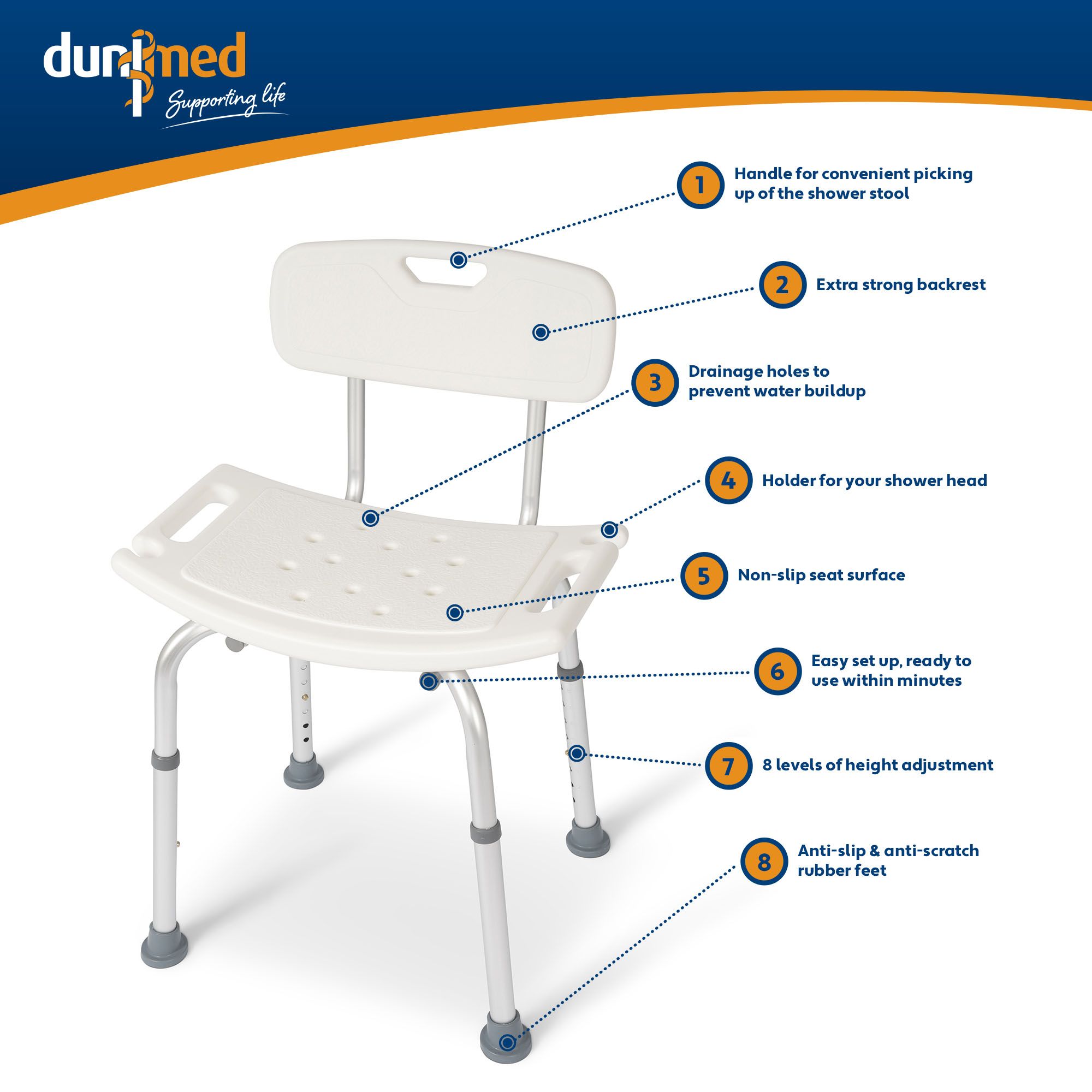 Product features of the Dunimed Shower Chair with Backrest - In Height Adjustable