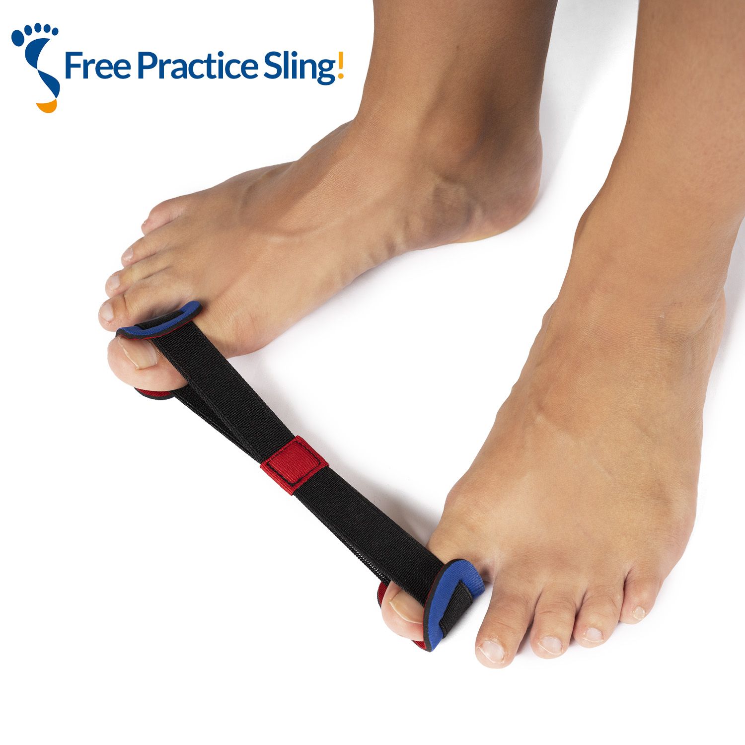 Free Hallux Valgus Practice Sling wrapped around both big toes shown from above