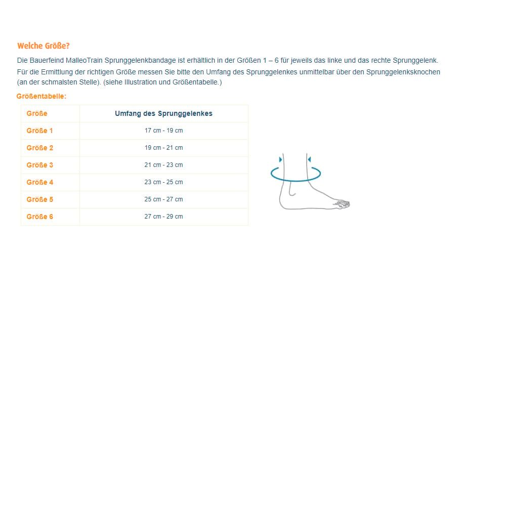 Bauerfeind MalleoTrain Plus Sprunggelenkbandage Größentabelle
