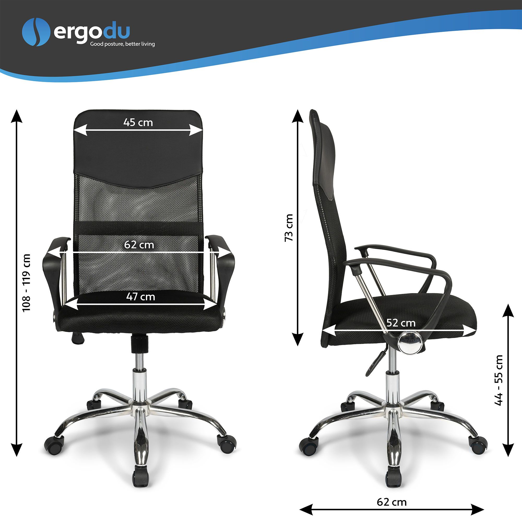 Ergodu Ergonomic Mesh Office Chair size chart