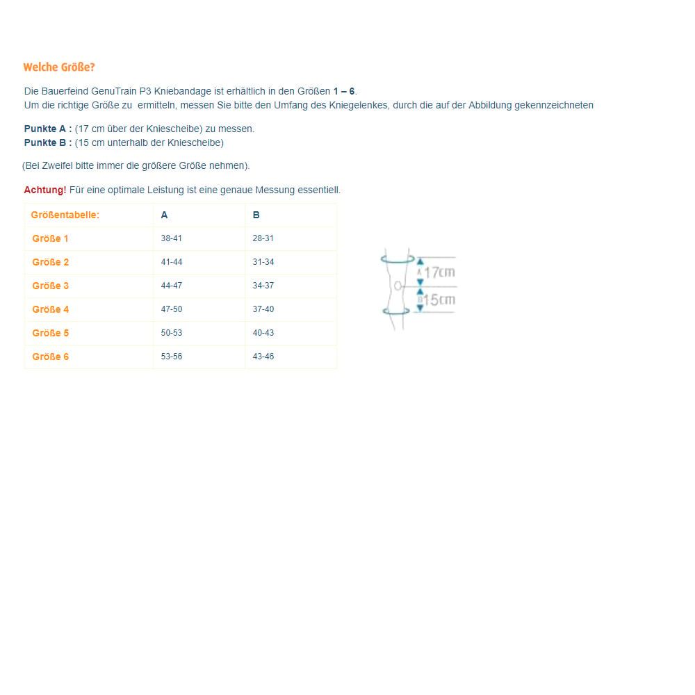Größentabelle Bauerfeind GenuTrain P3 Kniebandage