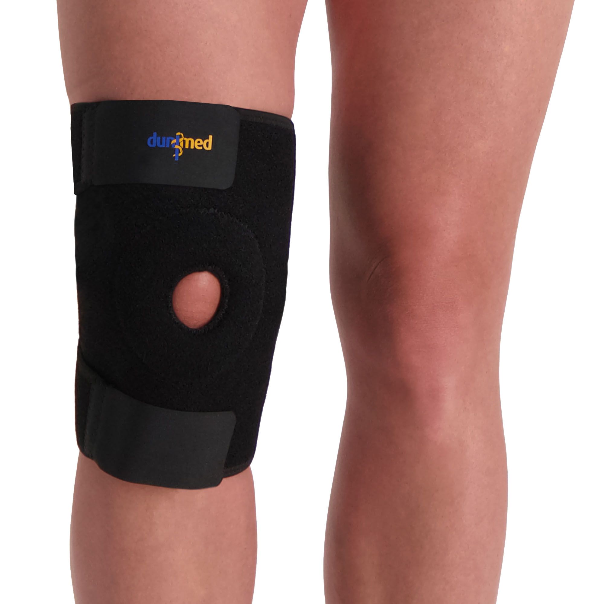 Front side view of the Dunimed Knee Support Wrap worn around the right knee