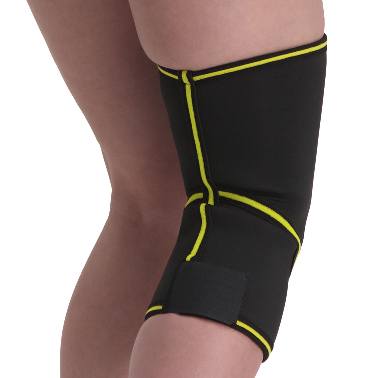 Back view of model wearing the Novamed Closed Patella Knee Support around right knee