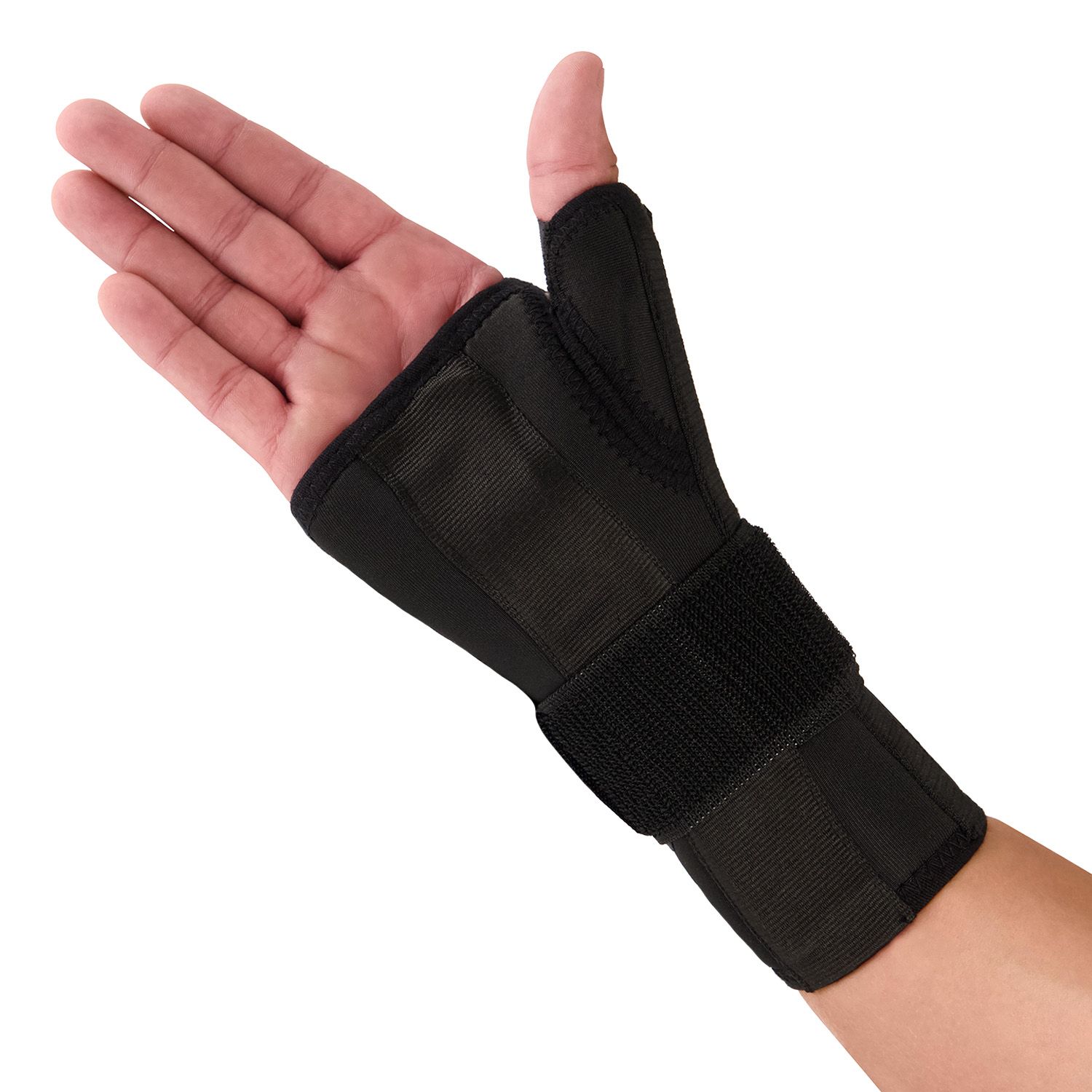 Inside view of model wearing the Novamed Thumb Support / Wrist Splint around right wrist and thumb