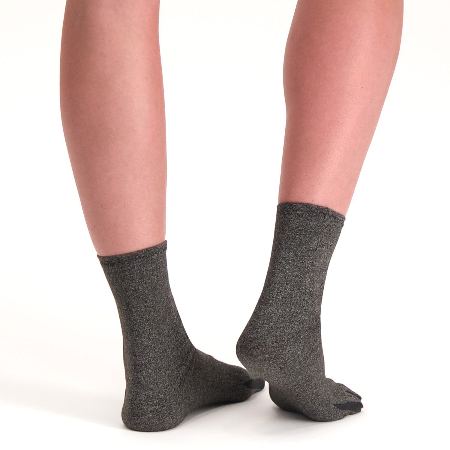 Back view of the Dunimed rheumatoid arthritis osteoarthritis socks in grey with right heel lifted