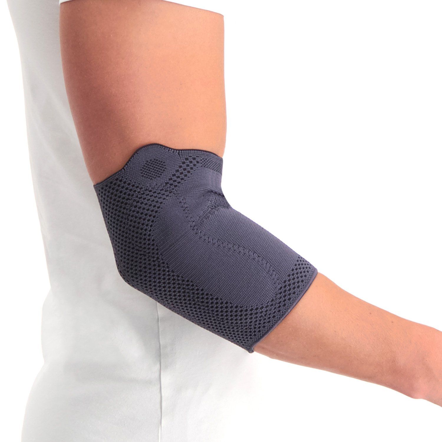 Lateral view of model wearing the Lyon Premium Elbow Support