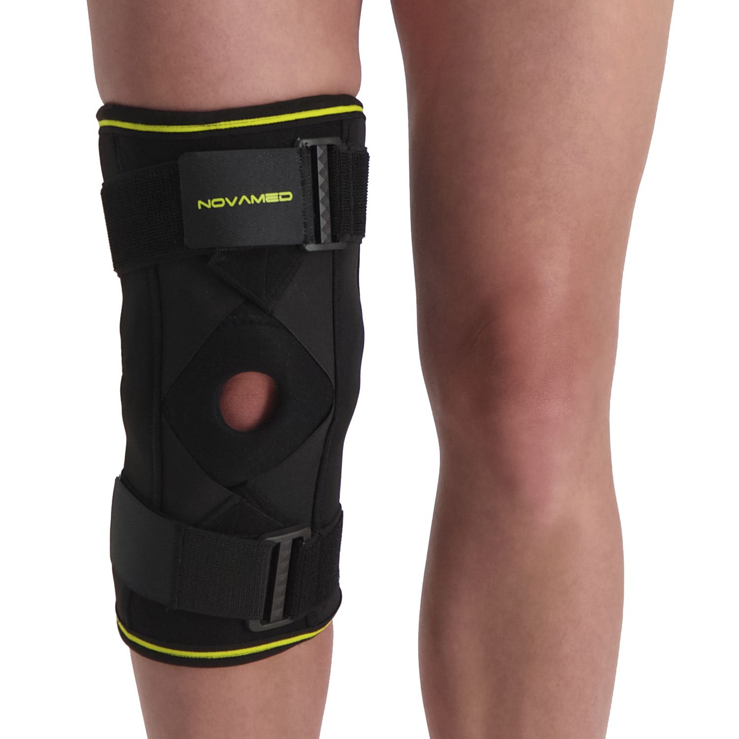 novamed max hinged knee support with crossed straps front view with velcro stretched