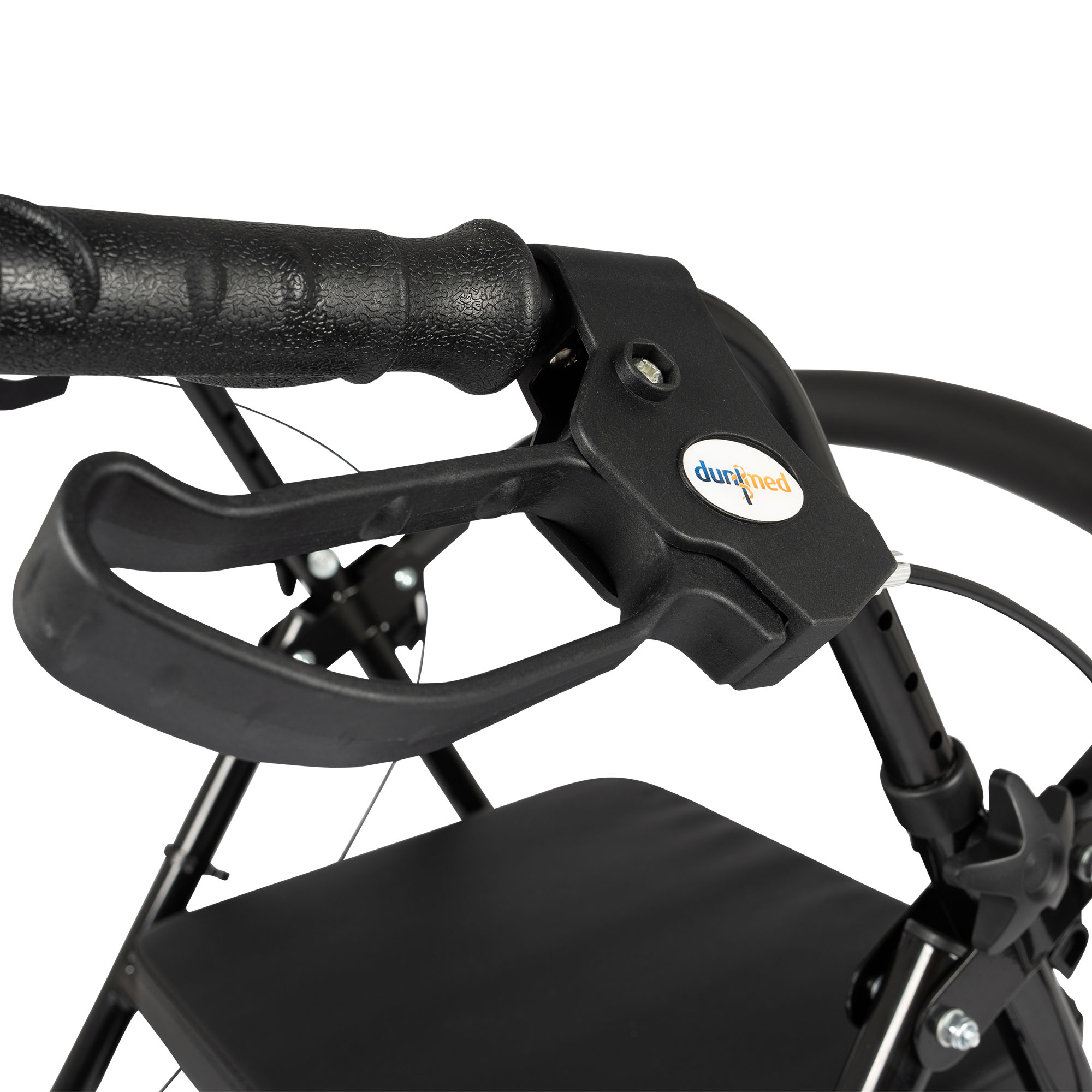 Close-up picture of the handle brakes of the Dunimed Lightweight Rollator (Foldable) - Black