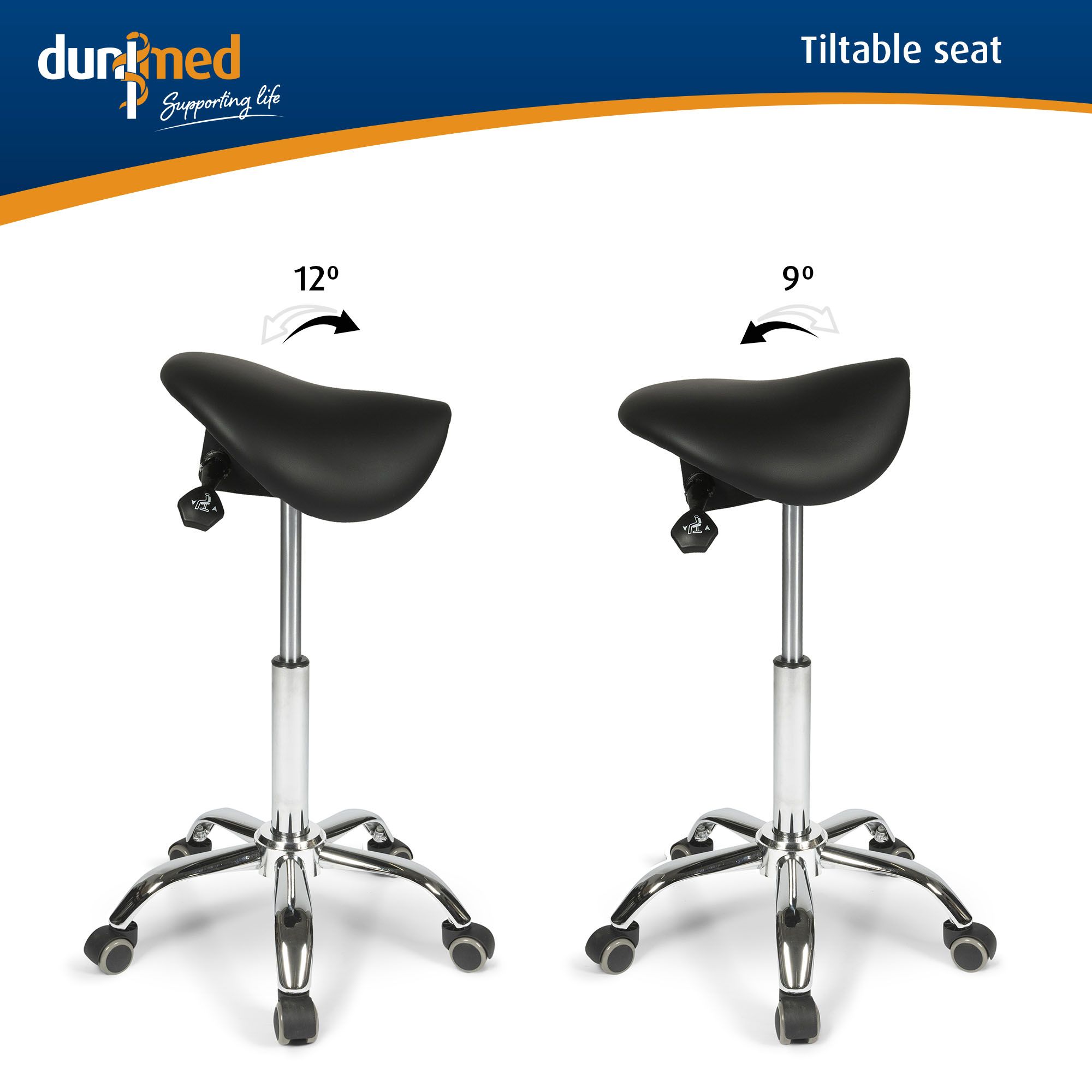 Seat tilt angle of the Dunimed Ergonomic Saddle Stool with Tiltable Seat (High Version)