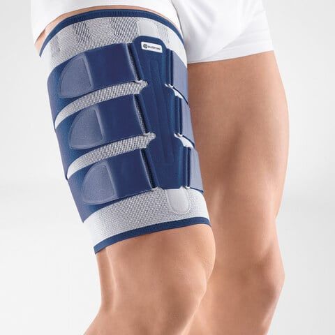 Bauerfeind Myotrain Thigh Brace worn on the right leg by person