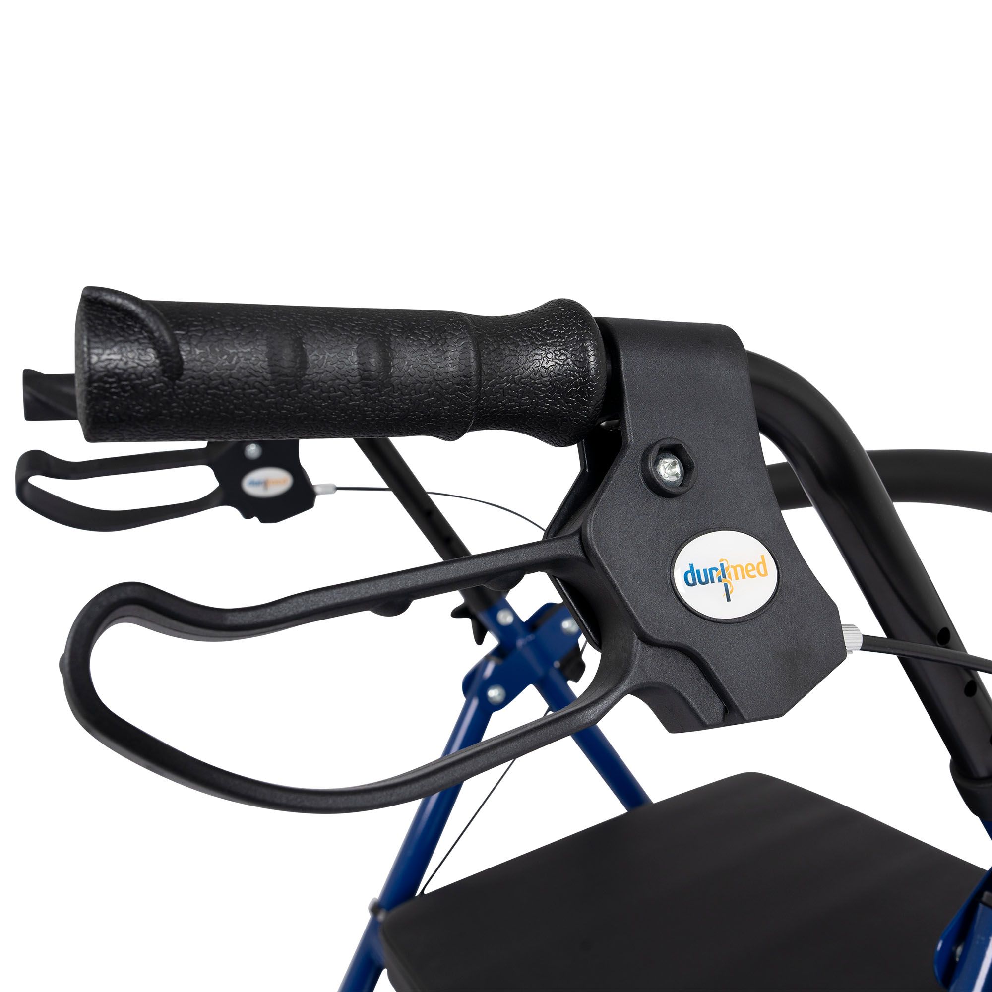 Close-up picture of the handle brakes of the Dunimed Lightweight Rollator (Foldable) - Blue