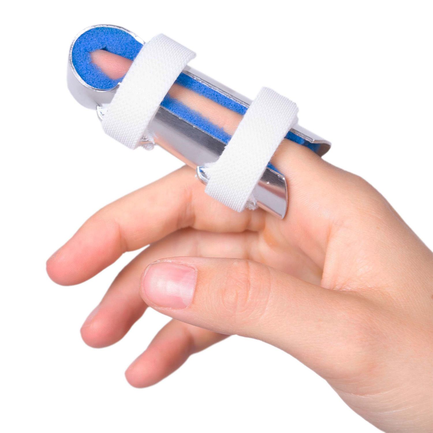 dunimed finger splint with strap worn by model around the right index finger with the hand relaxed