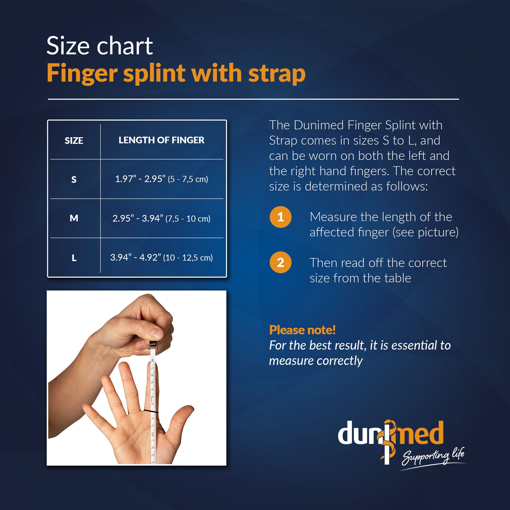 Size Chart Dunimed Finger Splint with Strap