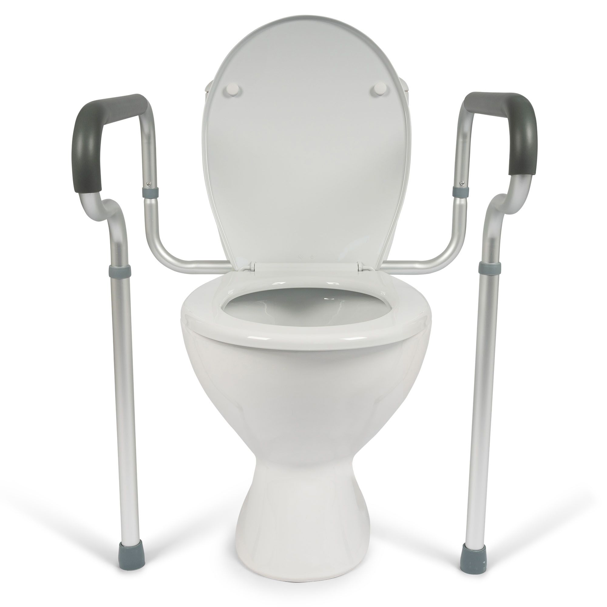 Front view of the Dunimed Toilet Frame with the lid open