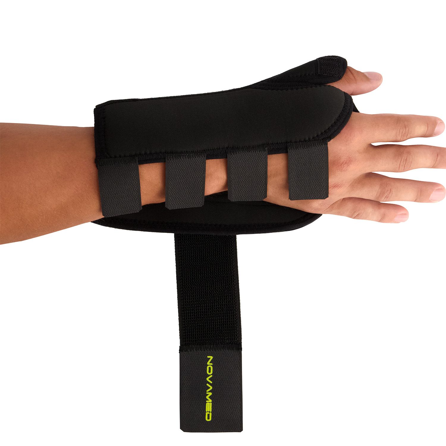 Novamed Thumb Support / Wrist Splint unstrapped hanging from right wrist