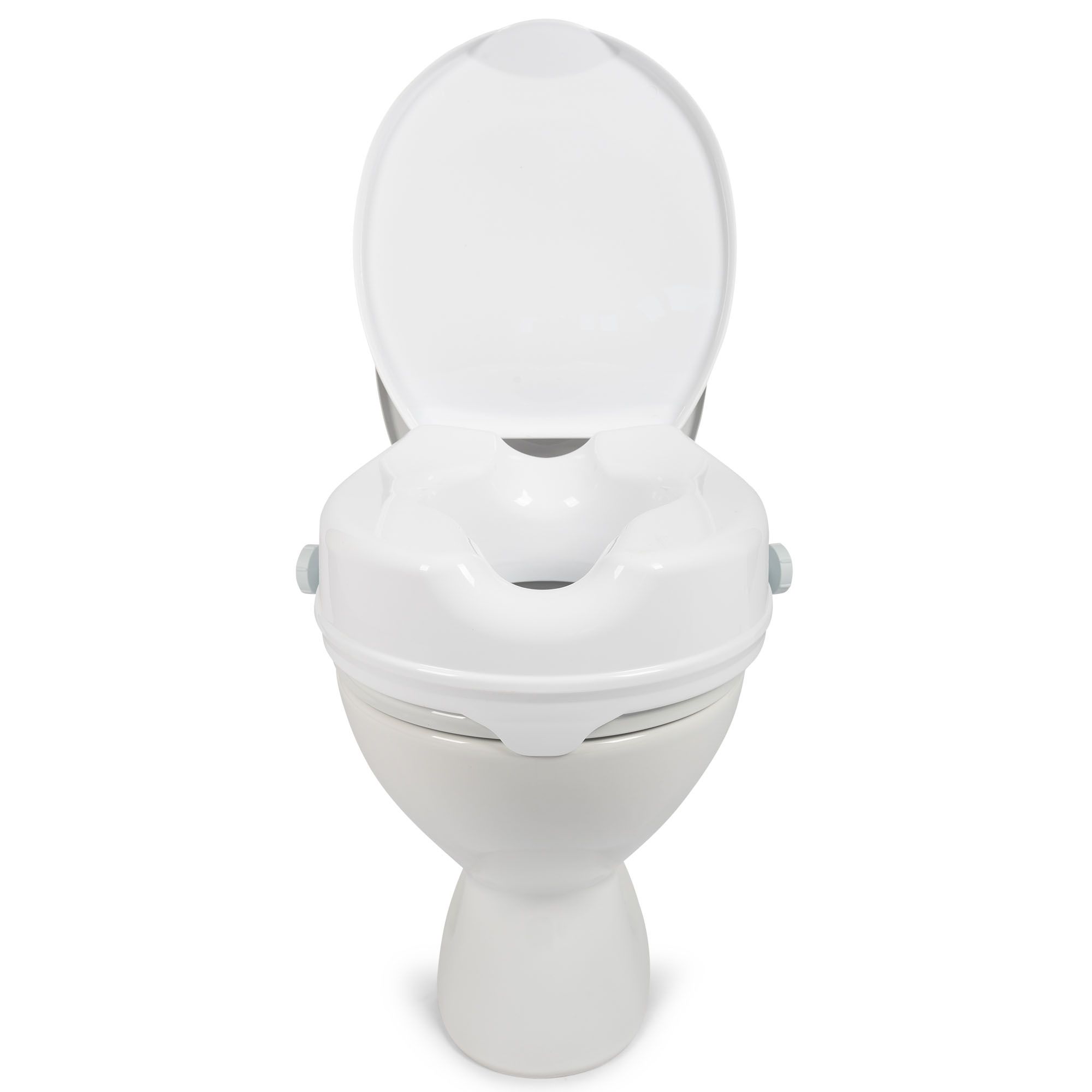 Front view of the Dunimed Raised Toilet Seat with the lid open