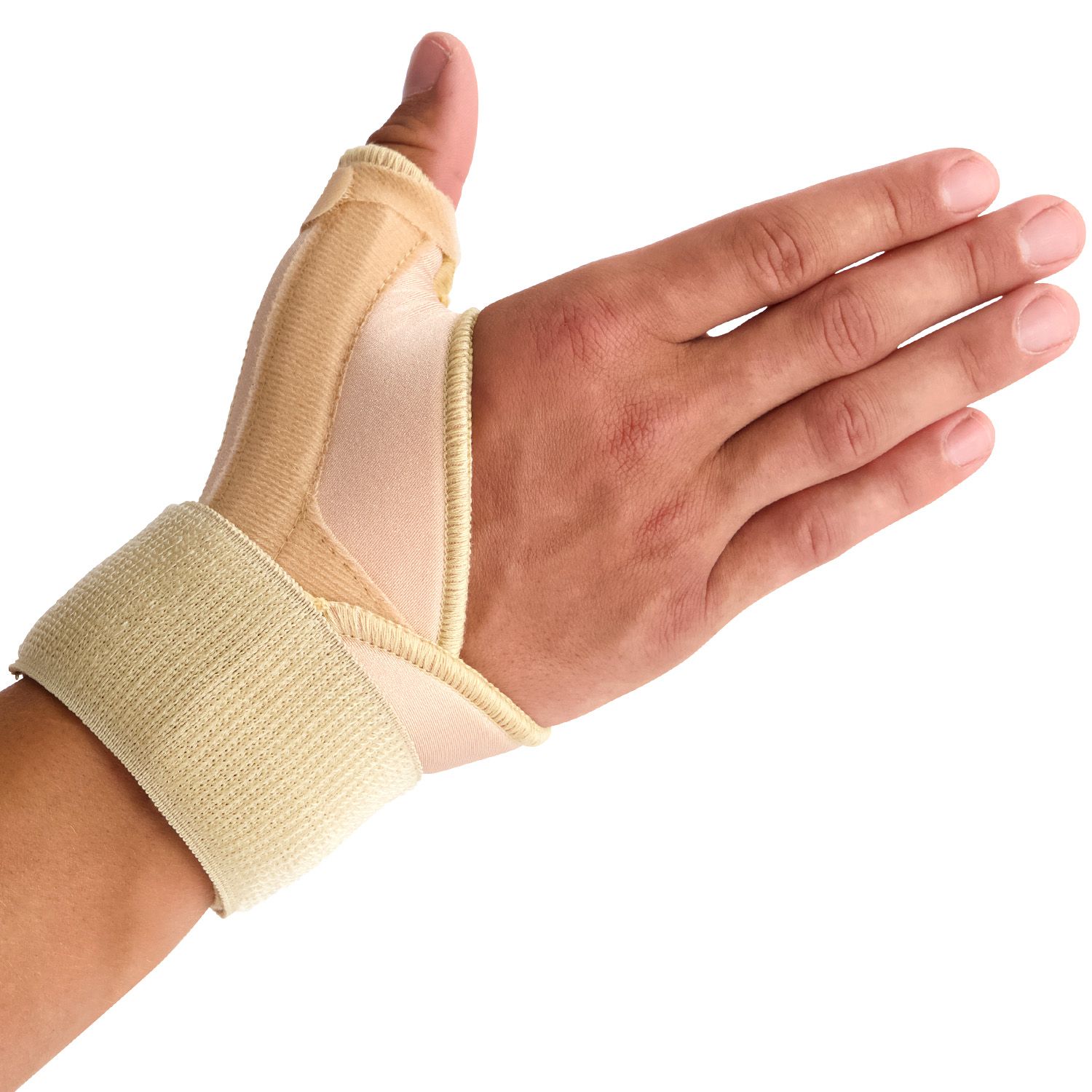 Medidu Thumb / Wrist Support in Beige worn around the right wrist