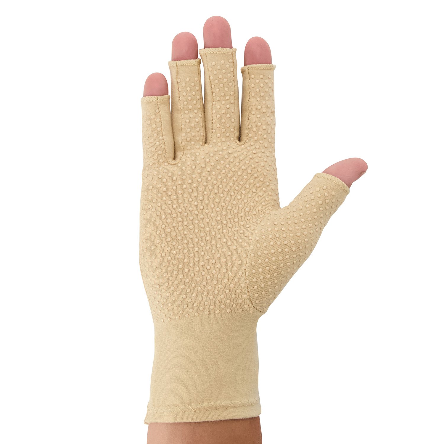 Top view of model wearing the Raynaud's Disease Gloves with Anti-Slip Layer in Beige