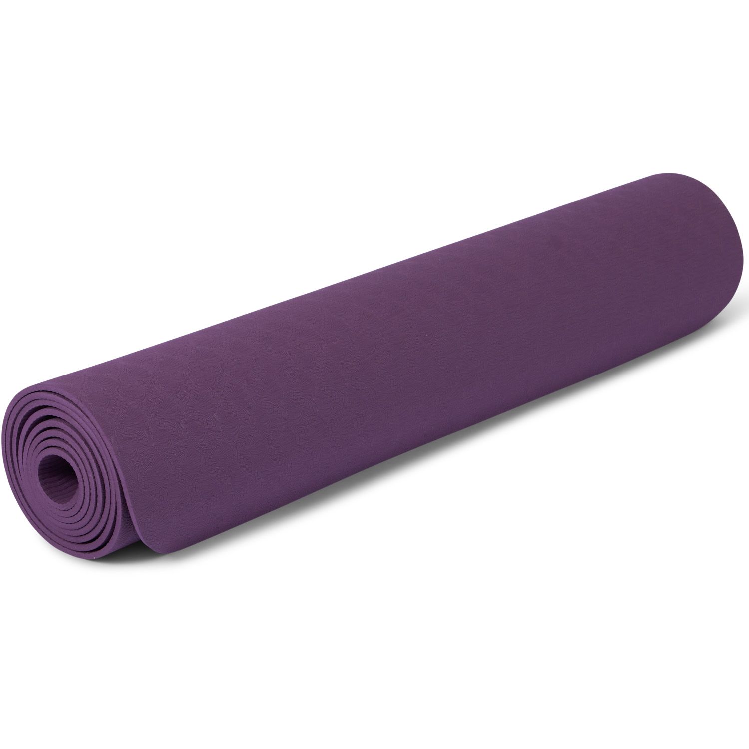 home gym equipment purple yoga mat rolled up